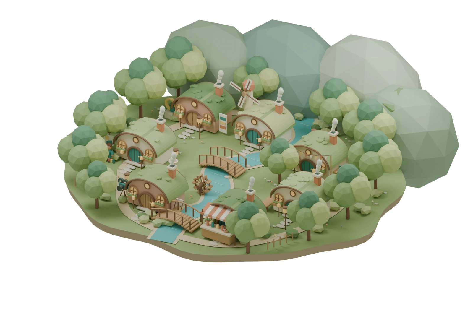 A handcrafted village of seven round-door creative cottages, green hills, trees and a winding river